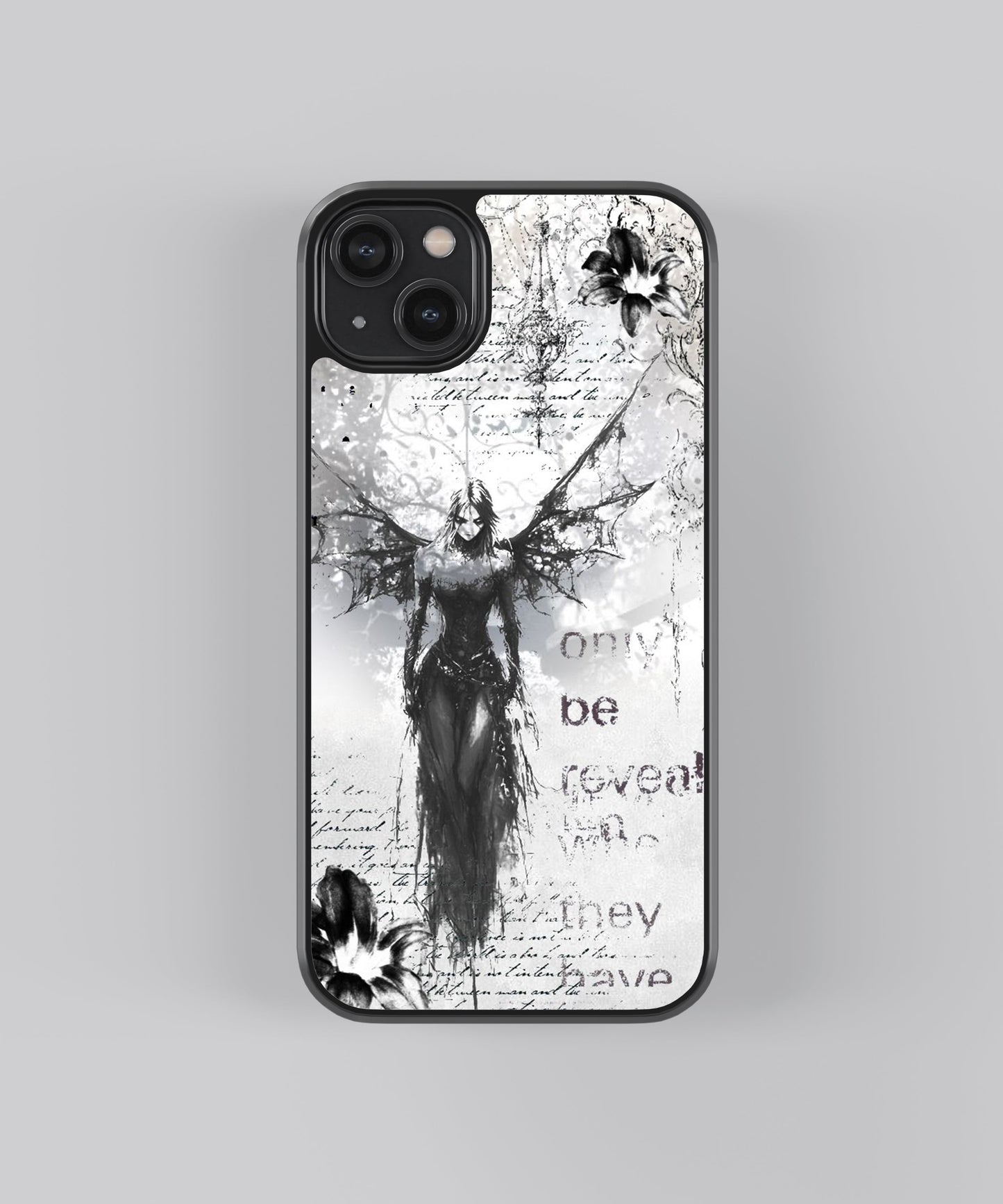Glossy glass phone case featuring printed design artwork, shown with smooth reflective surface