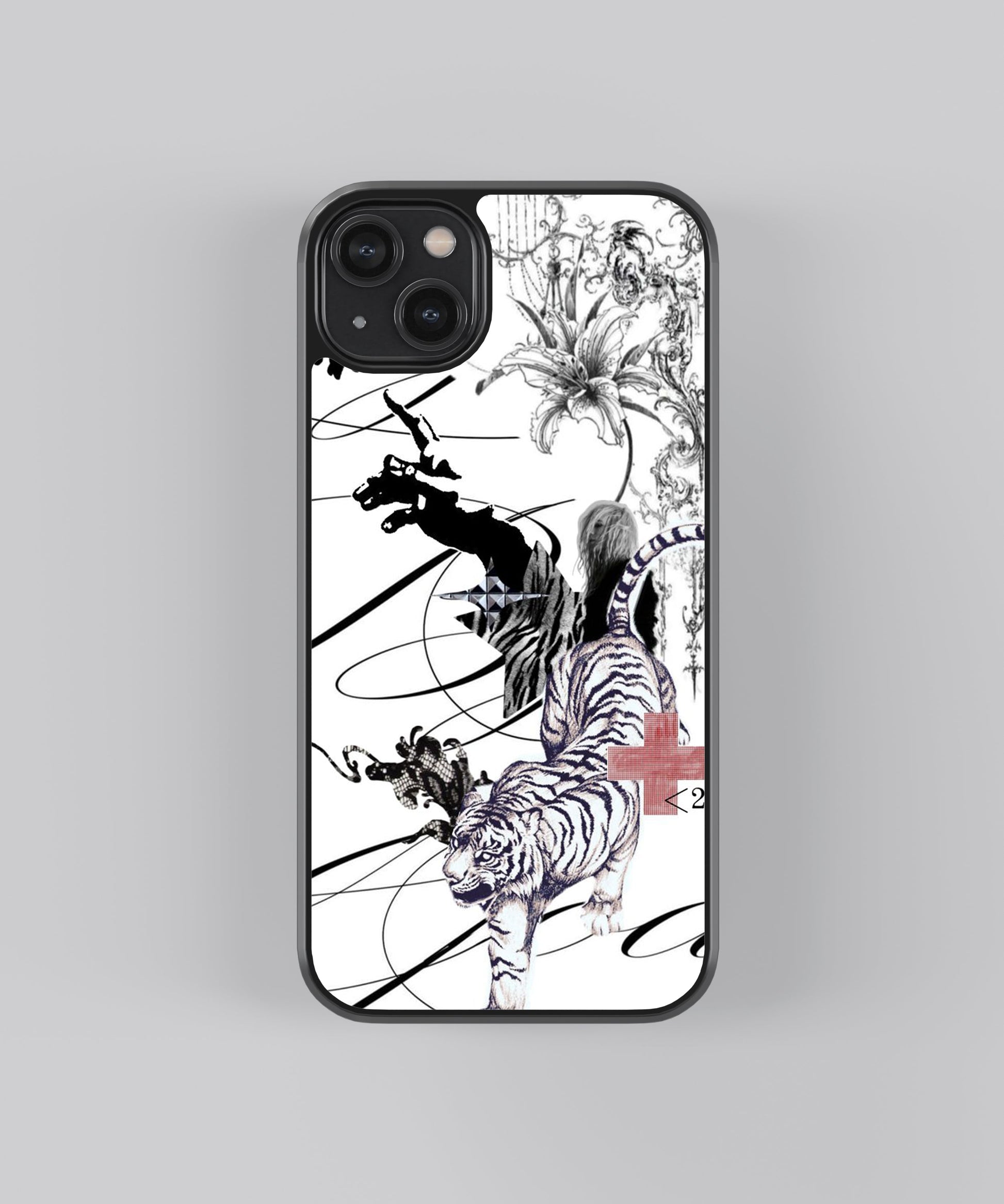 Glossy glass phone case featuring printed design artwork, shown with smooth reflective surface