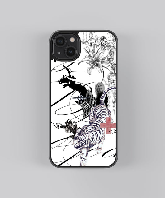 Glossy glass phone case featuring printed design artwork, shown with smooth reflective surface