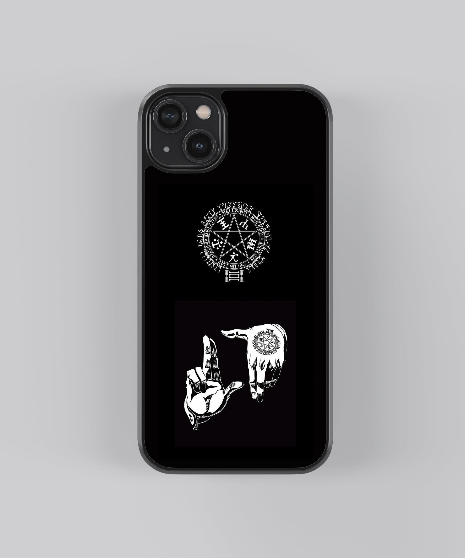 Glossy glass phone case featuring printed design artwork, shown with smooth reflective surface