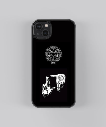 Glossy glass phone case featuring printed design artwork, shown with smooth reflective surface