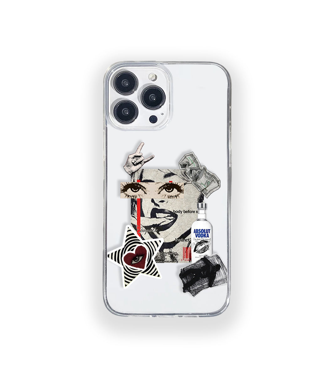 Clear silicone phone case featuring minimalist printed artwork, shown in lightweight transparent finish