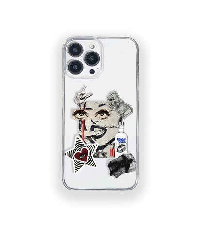 Clear silicone phone case featuring minimalist printed artwork, shown in lightweight transparent finish
