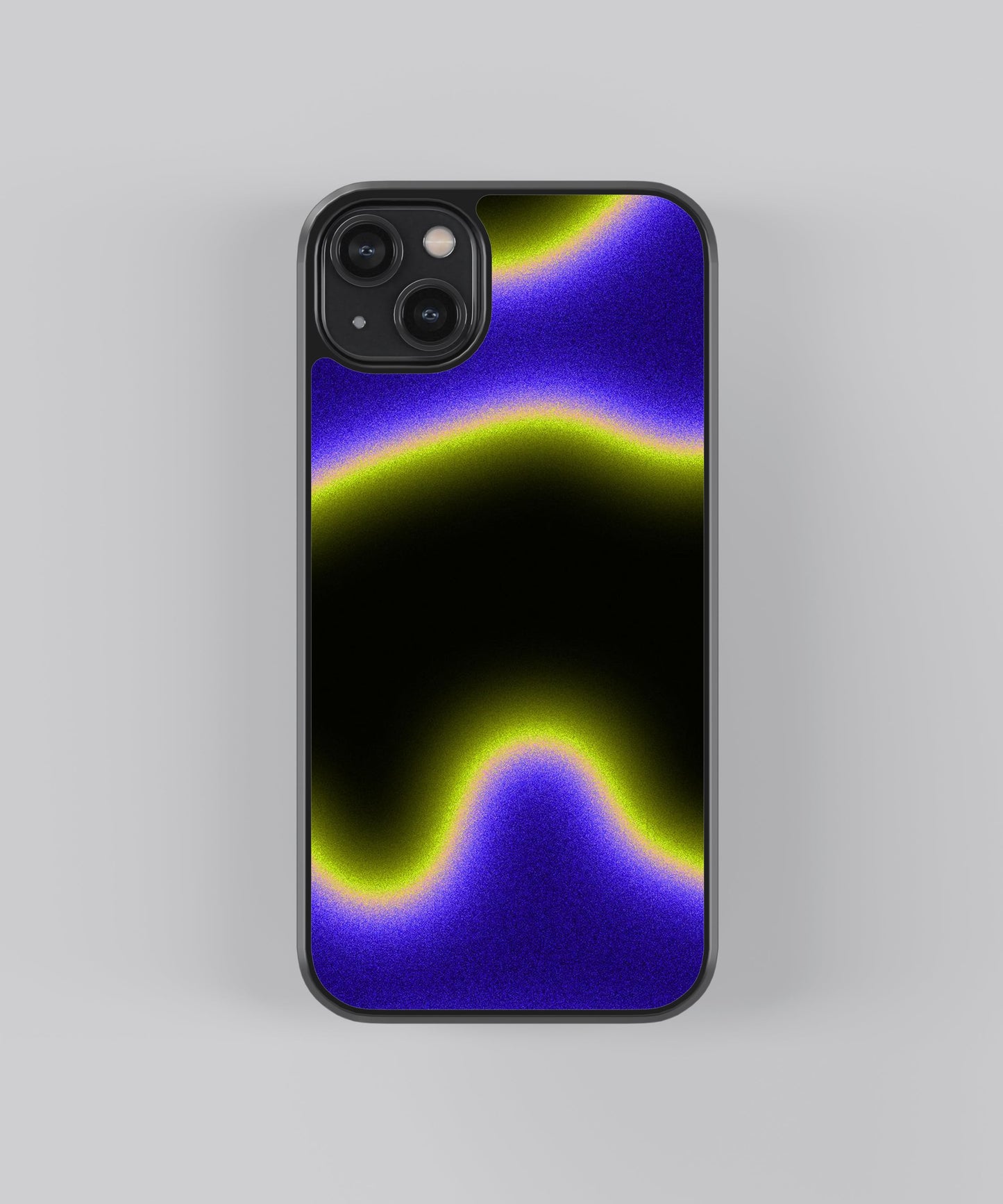 Glossy glass phone case featuring printed design artwork, shown with smooth reflective surface