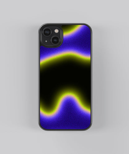 Glossy glass phone case featuring printed design artwork, shown with smooth reflective surface