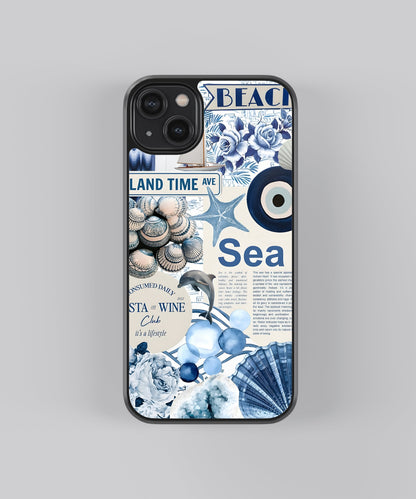Glossy glass phone case featuring printed design artwork, shown with smooth reflective surface