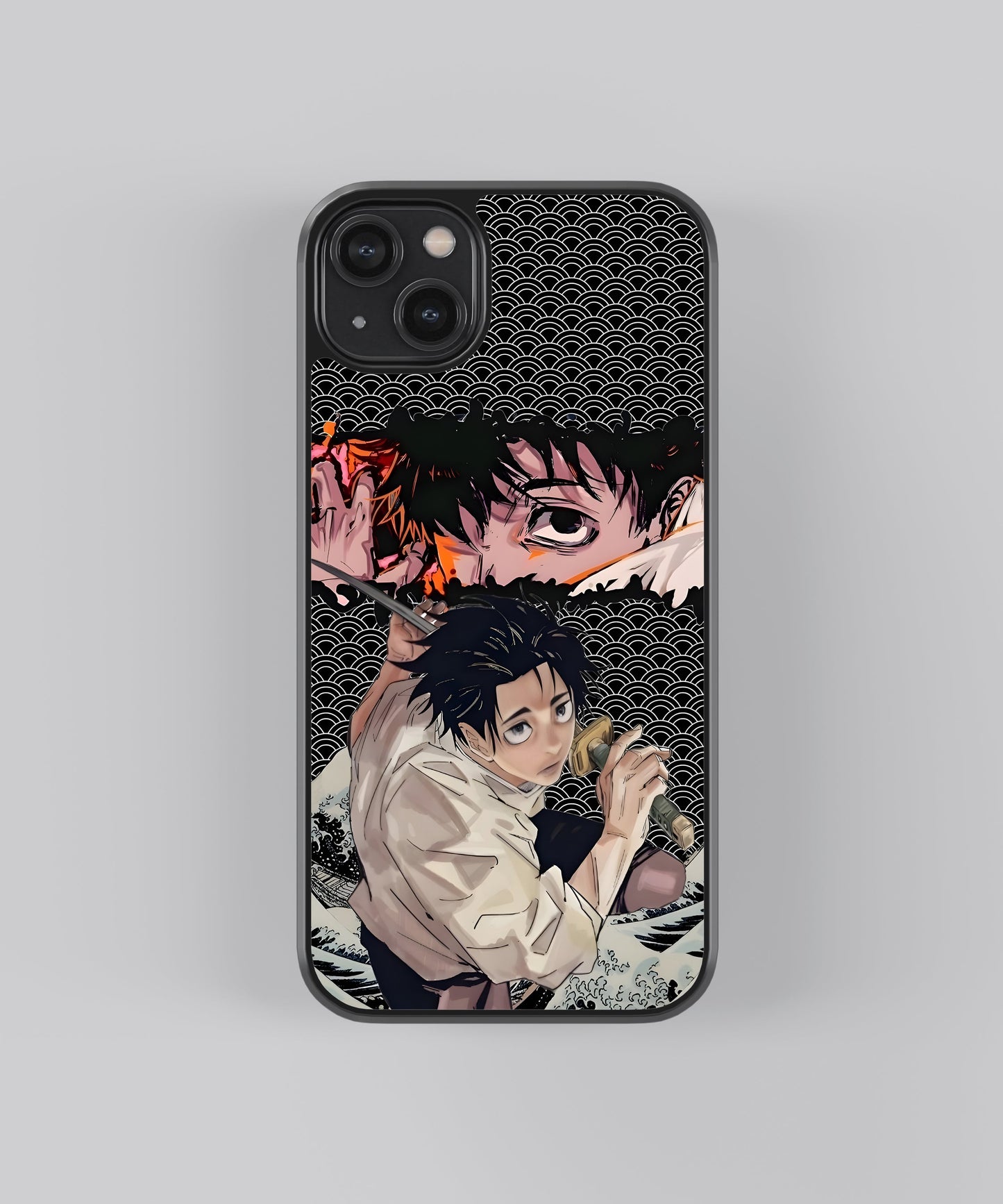 Glossy glass phone case featuring printed design artwork, shown with smooth reflective surface