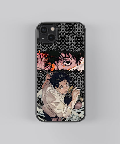 Glossy glass phone case featuring printed design artwork, shown with smooth reflective surface