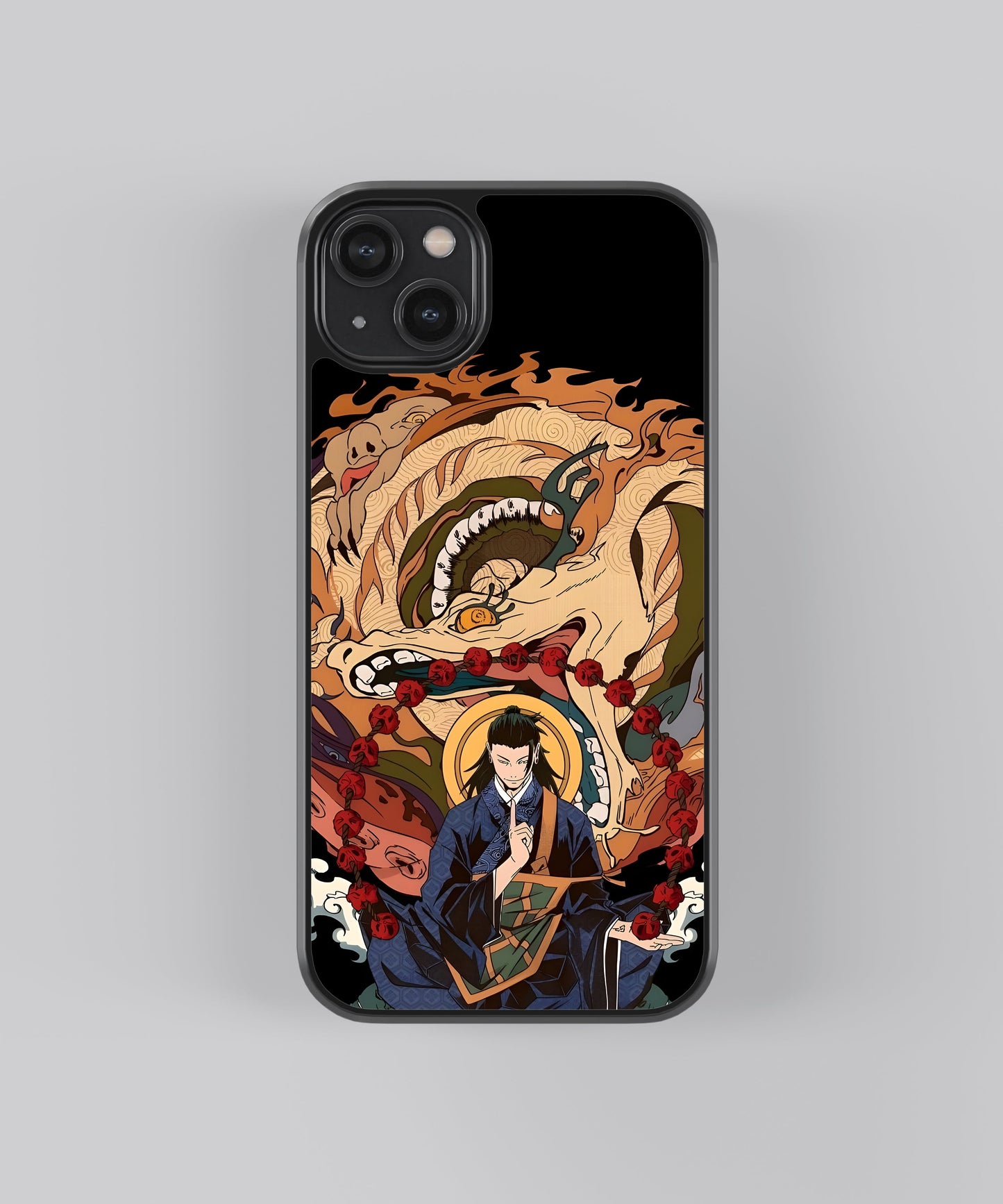 Glossy glass phone case featuring printed design artwork, shown with smooth reflective surface