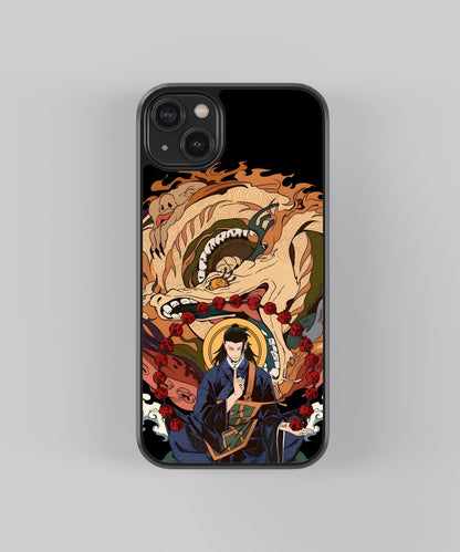 Glossy glass phone case featuring printed design artwork, shown with smooth reflective surface