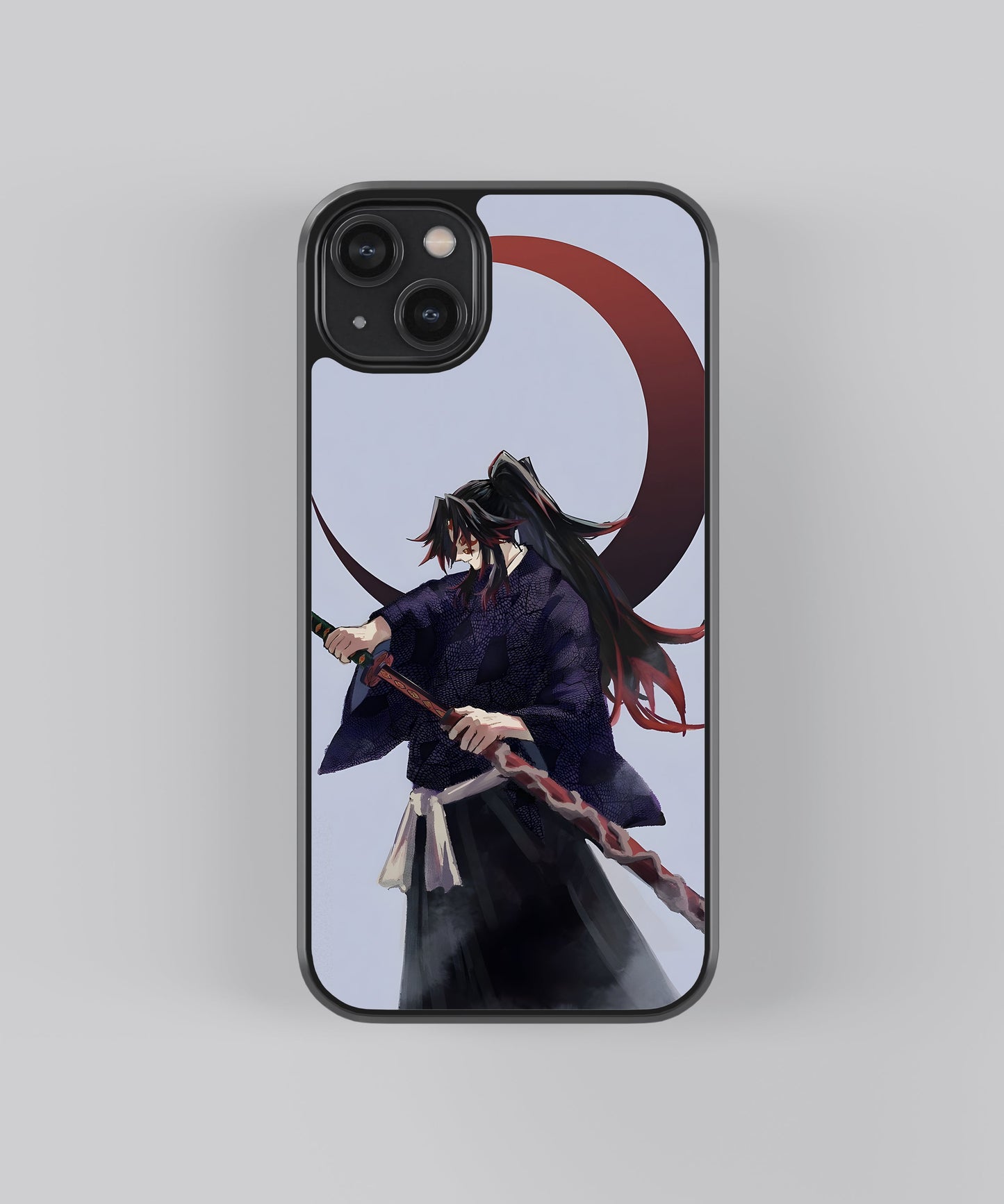 Glossy glass phone case featuring printed design artwork, shown with smooth reflective surface