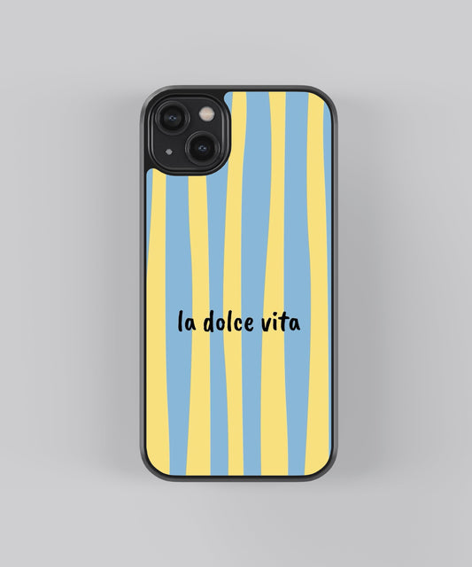 Glossy glass phone case featuring printed design artwork, shown with smooth reflective surface