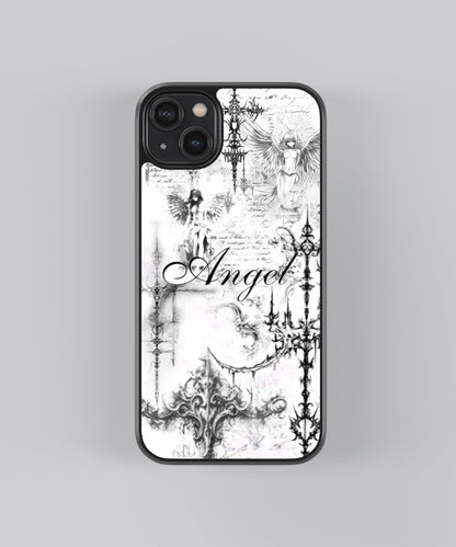 Glossy glass phone case featuring printed design artwork, shown with smooth reflective surface