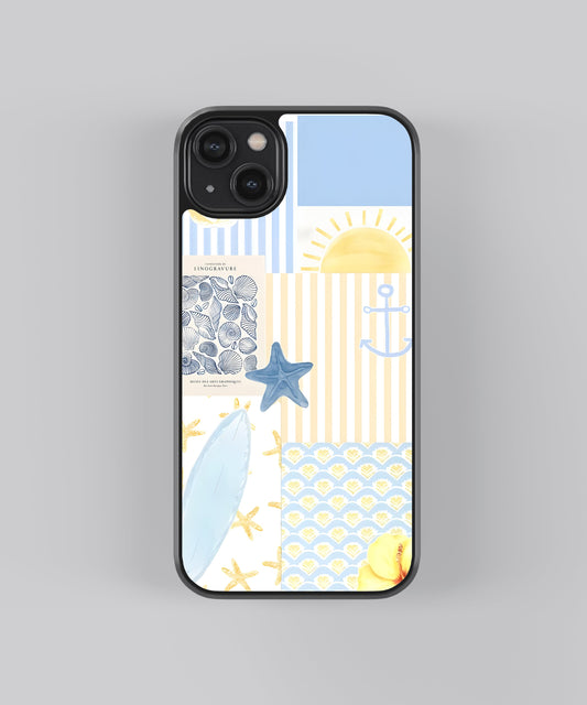 Glossy glass phone case featuring printed design artwork, shown with smooth reflective surface