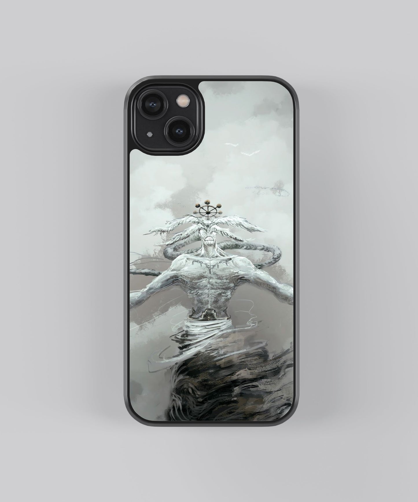 Glossy glass phone case featuring printed design artwork, shown with smooth reflective surface