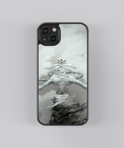 Glossy glass phone case featuring printed design artwork, shown with smooth reflective surface