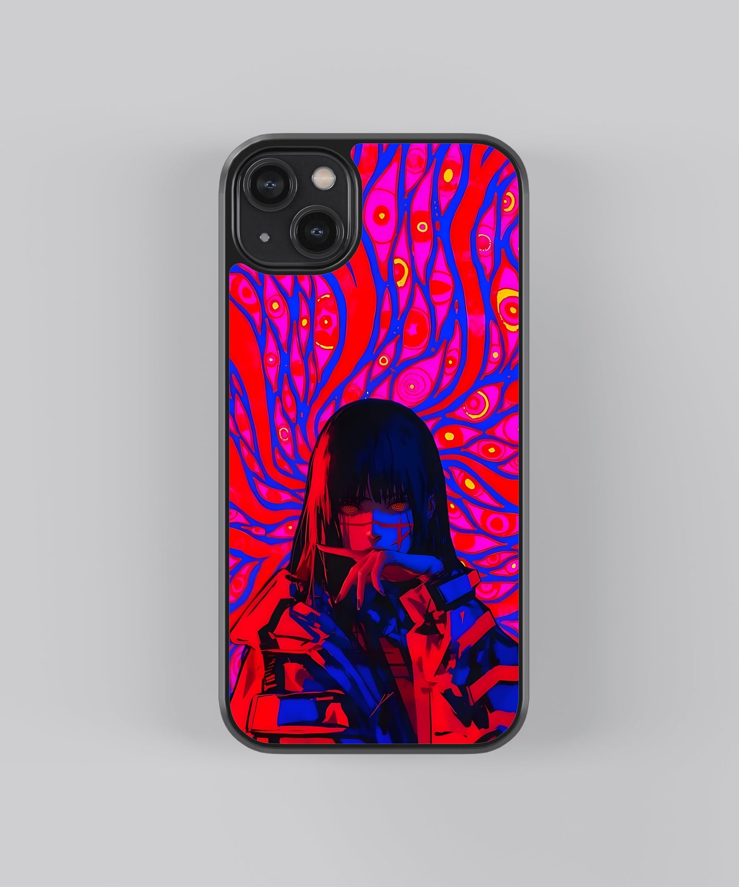 Glossy glass phone case featuring printed design artwork, shown with smooth reflective surface