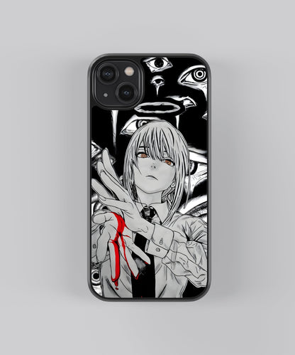 Glossy glass phone case featuring printed design artwork, shown with smooth reflective surface
