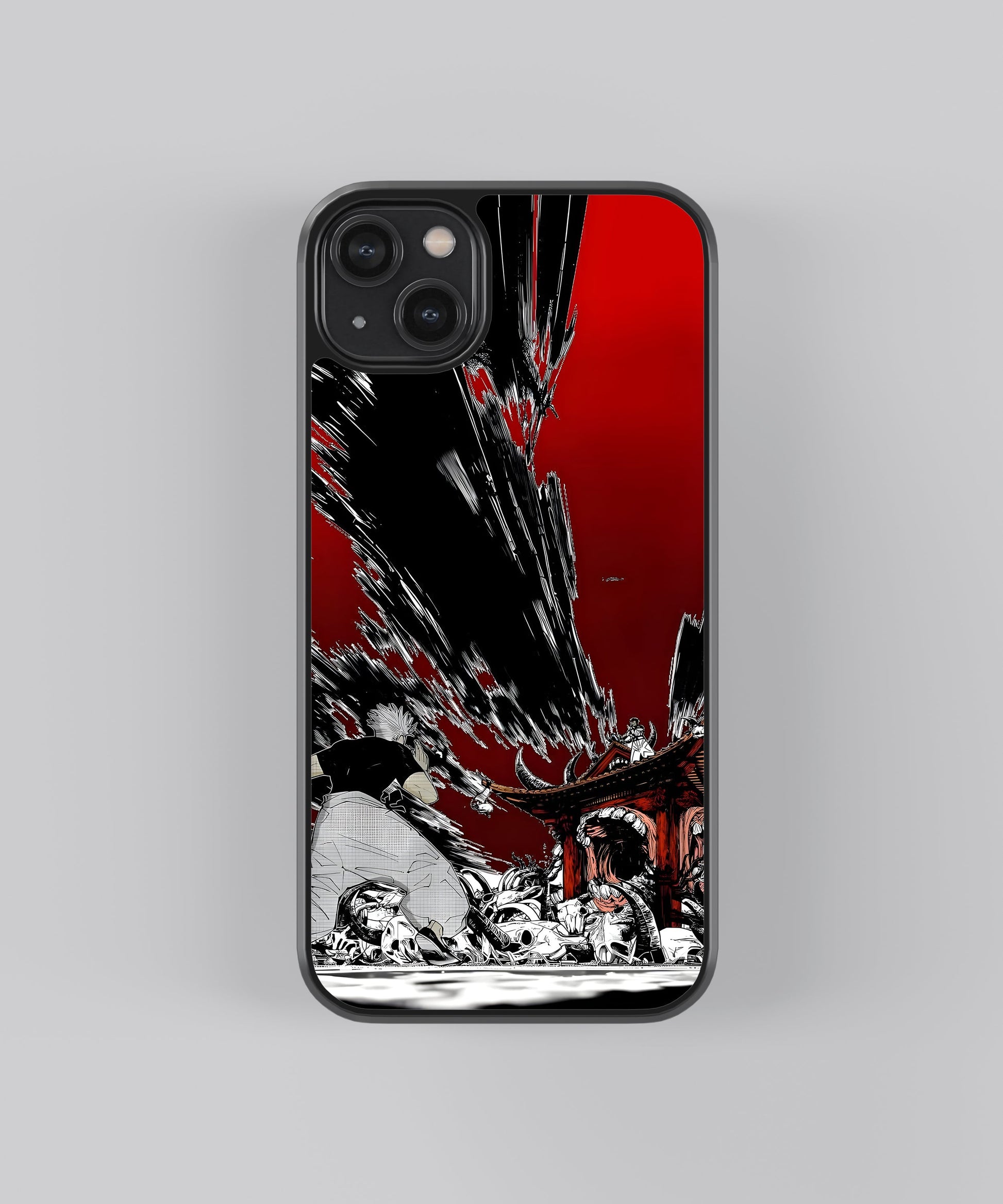 Glossy glass phone case featuring printed design artwork, shown with smooth reflective surface