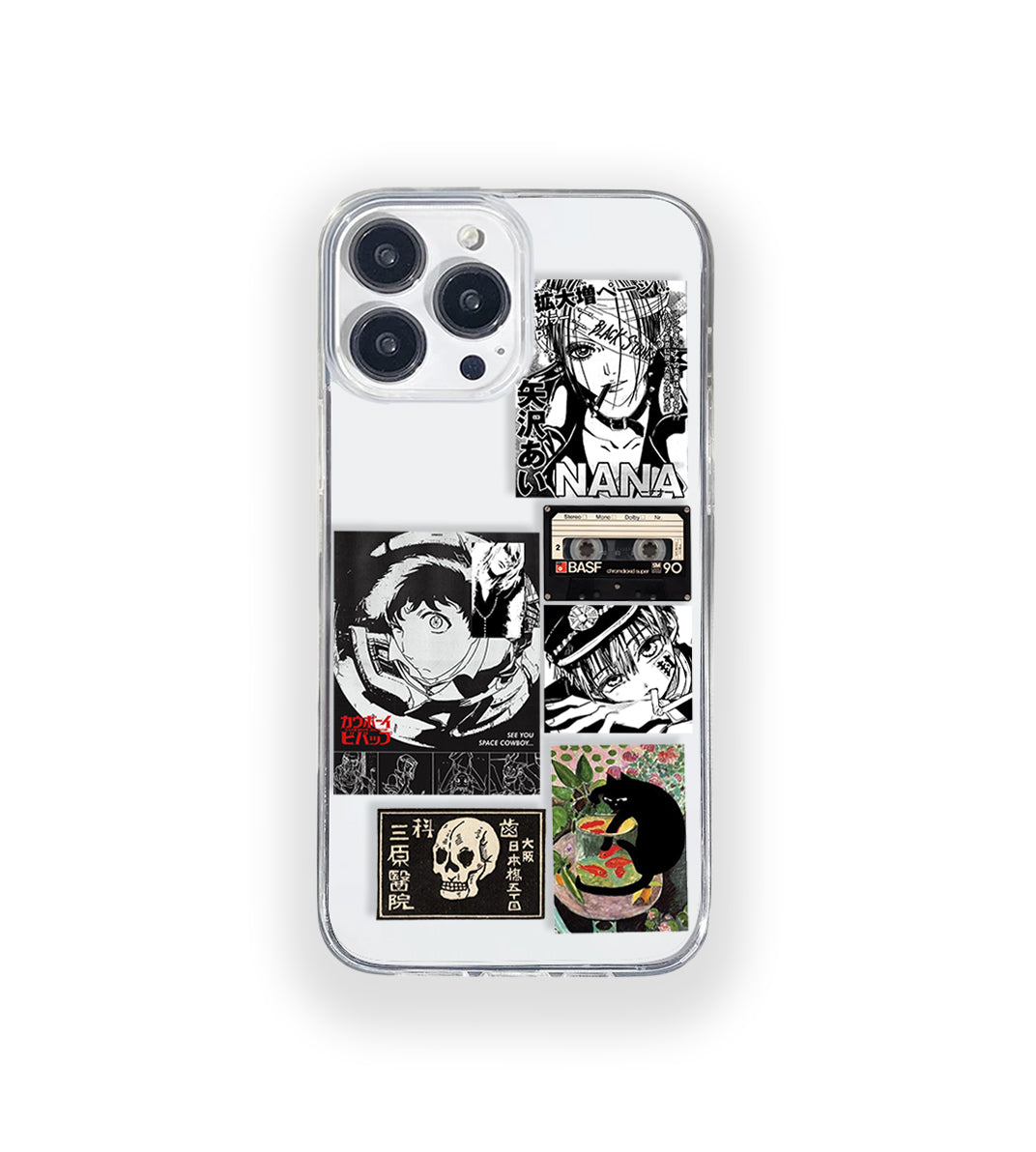 Clear silicone phone case featuring minimalist printed artwork, shown in lightweight transparent finish