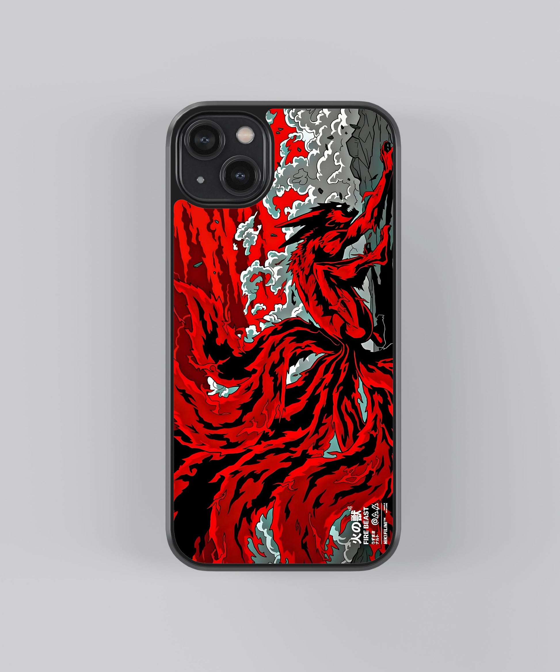 Glossy glass phone case featuring printed design artwork, shown with smooth reflective surface