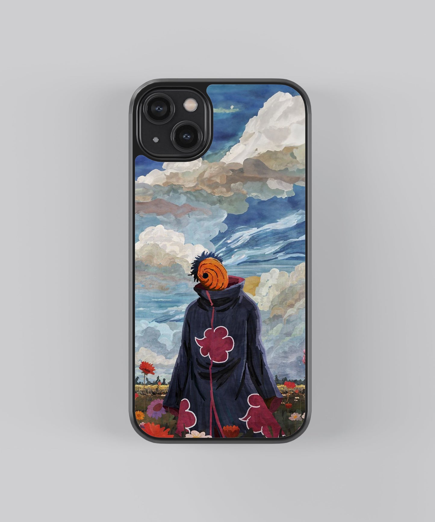 Glossy glass phone case featuring printed design artwork, shown with smooth reflective surface