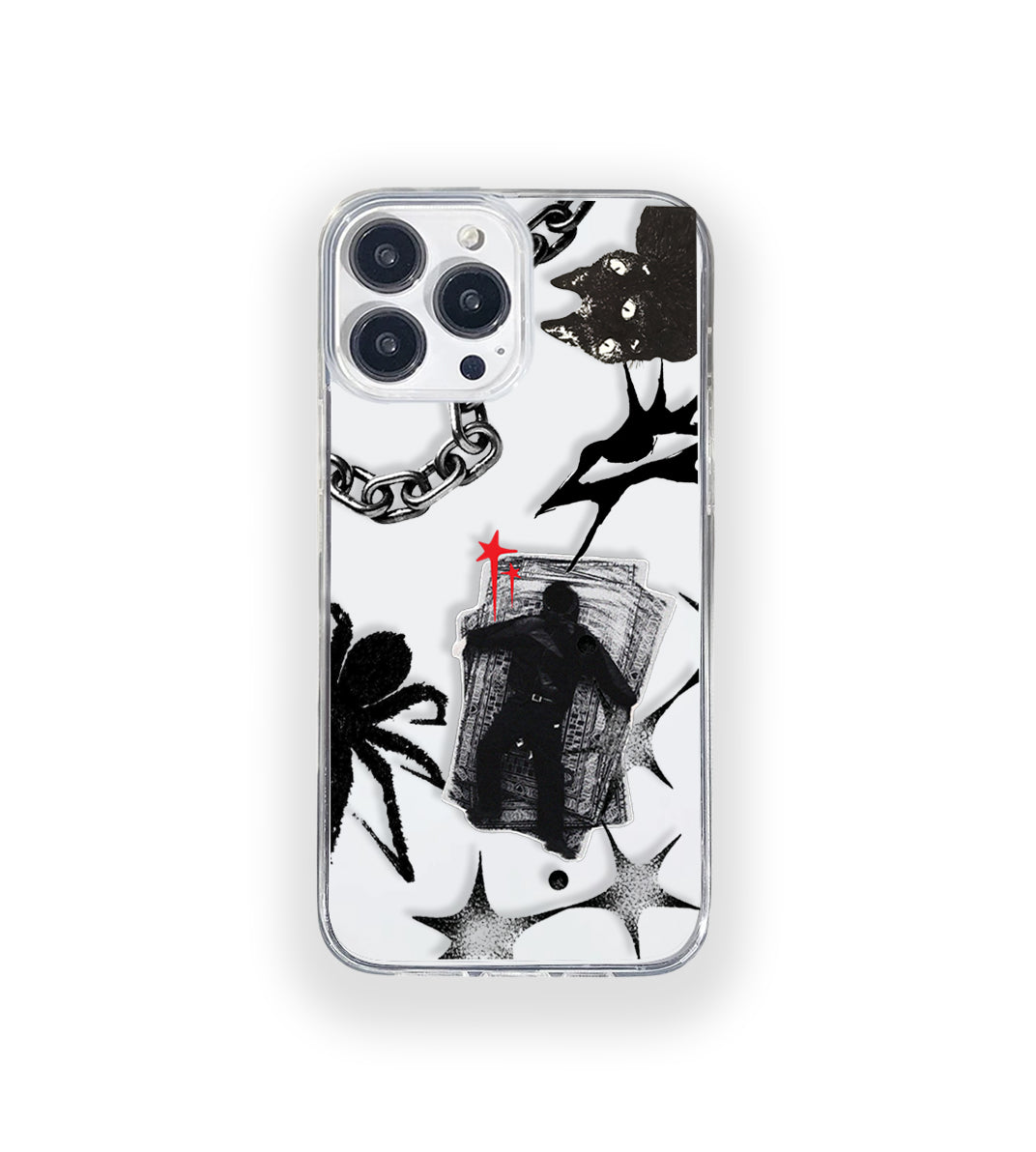 Clear silicone phone case featuring minimalist printed artwork, shown in lightweight transparent finish
