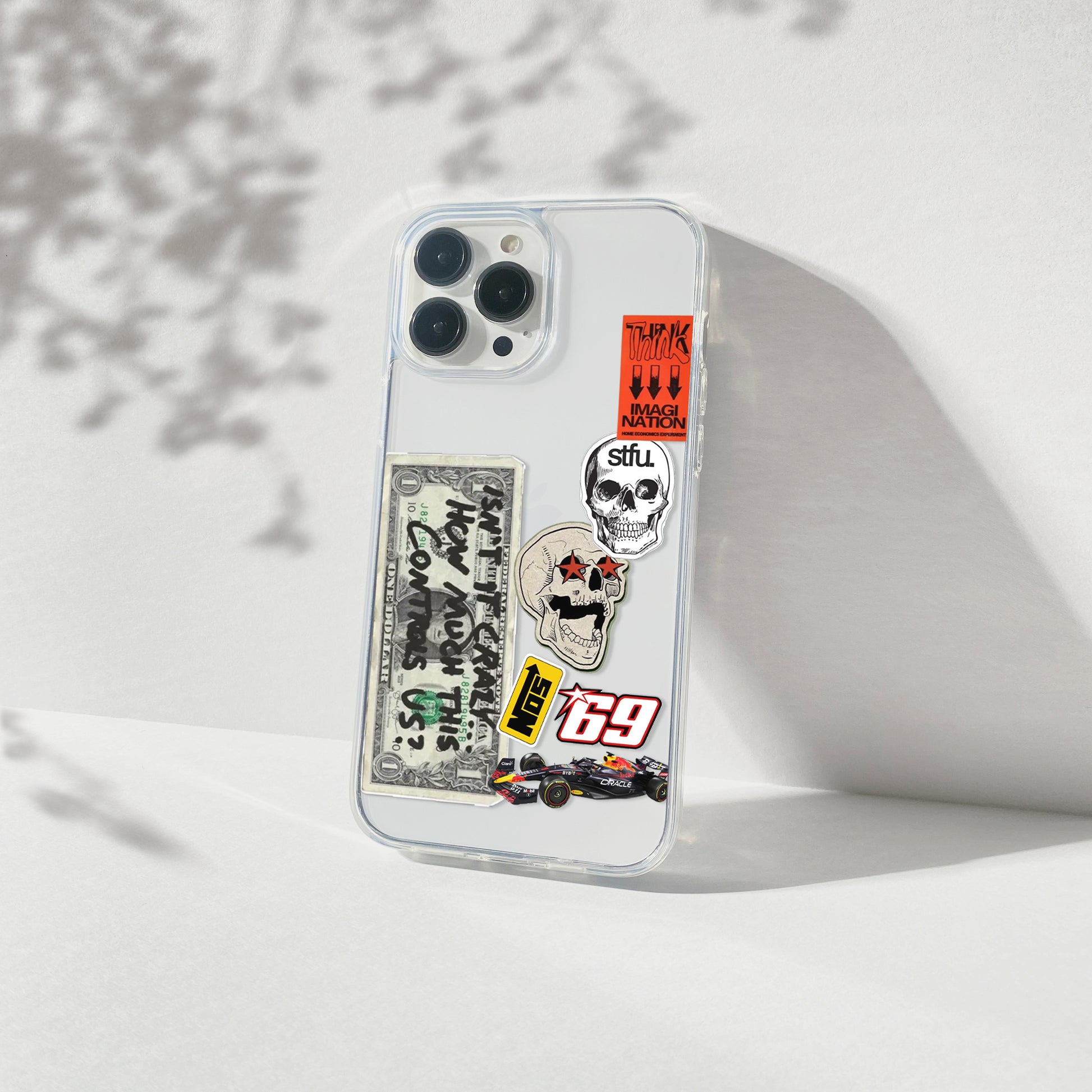 Clear silicone phone case featuring minimalist printed artwork, shown in lightweight transparent finish