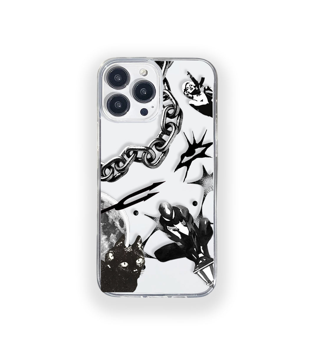 Clear silicone phone case featuring minimalist printed artwork, shown in lightweight transparent finish