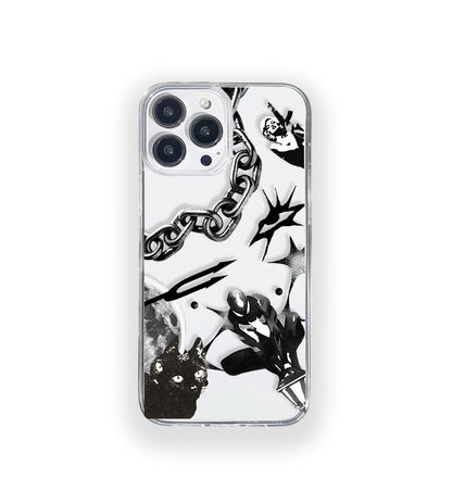 Clear silicone phone case featuring minimalist printed artwork, shown in lightweight transparent finish