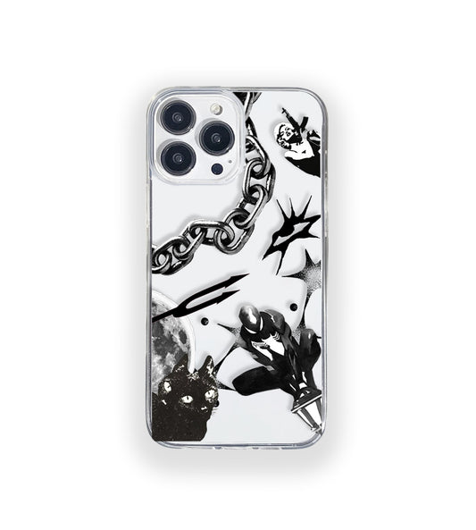 Clear silicone phone case featuring minimalist printed artwork, shown in lightweight transparent finish