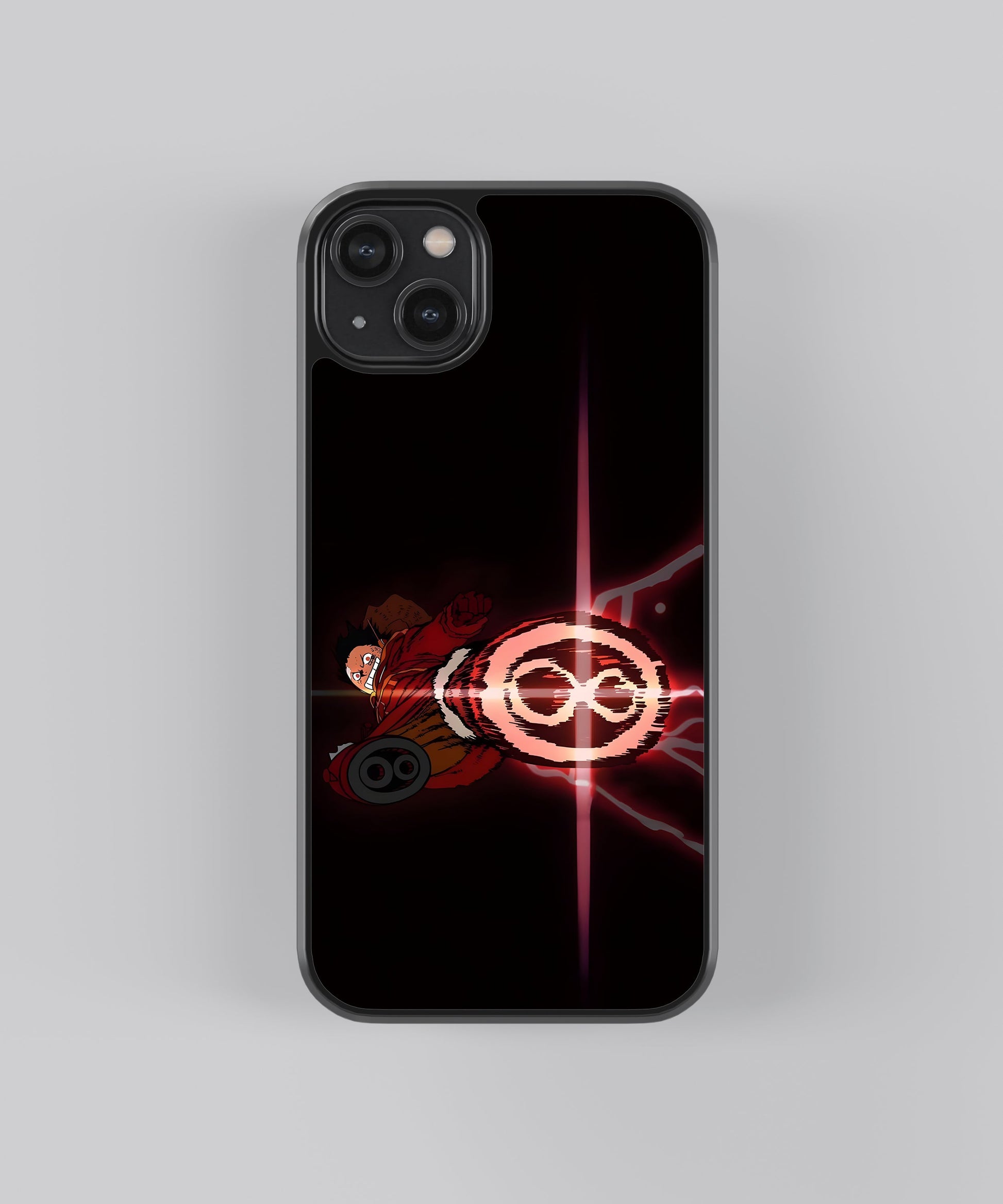 Glossy glass phone case featuring printed design artwork, shown with smooth reflective surface