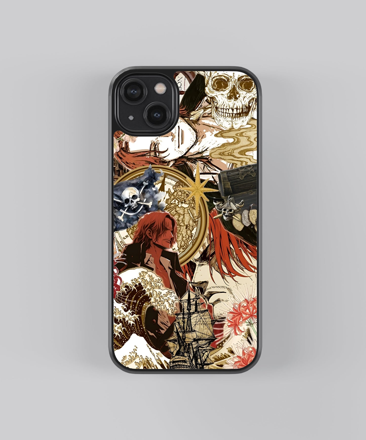 Glossy glass phone case featuring printed design artwork, shown with smooth reflective surface
