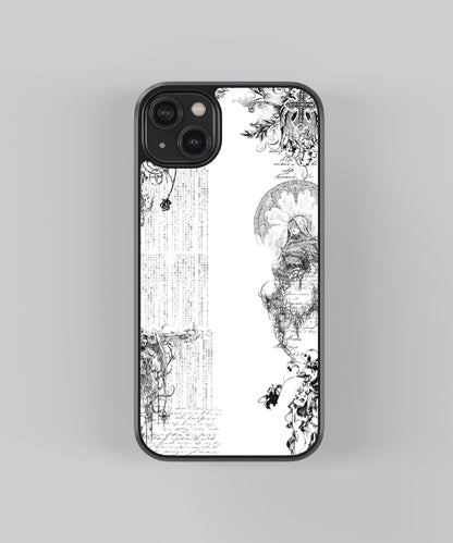 Glossy glass phone case featuring printed design artwork, shown with smooth reflective surface