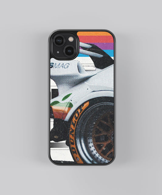 Glossy glass phone case featuring printed design artwork, shown with smooth reflective surface