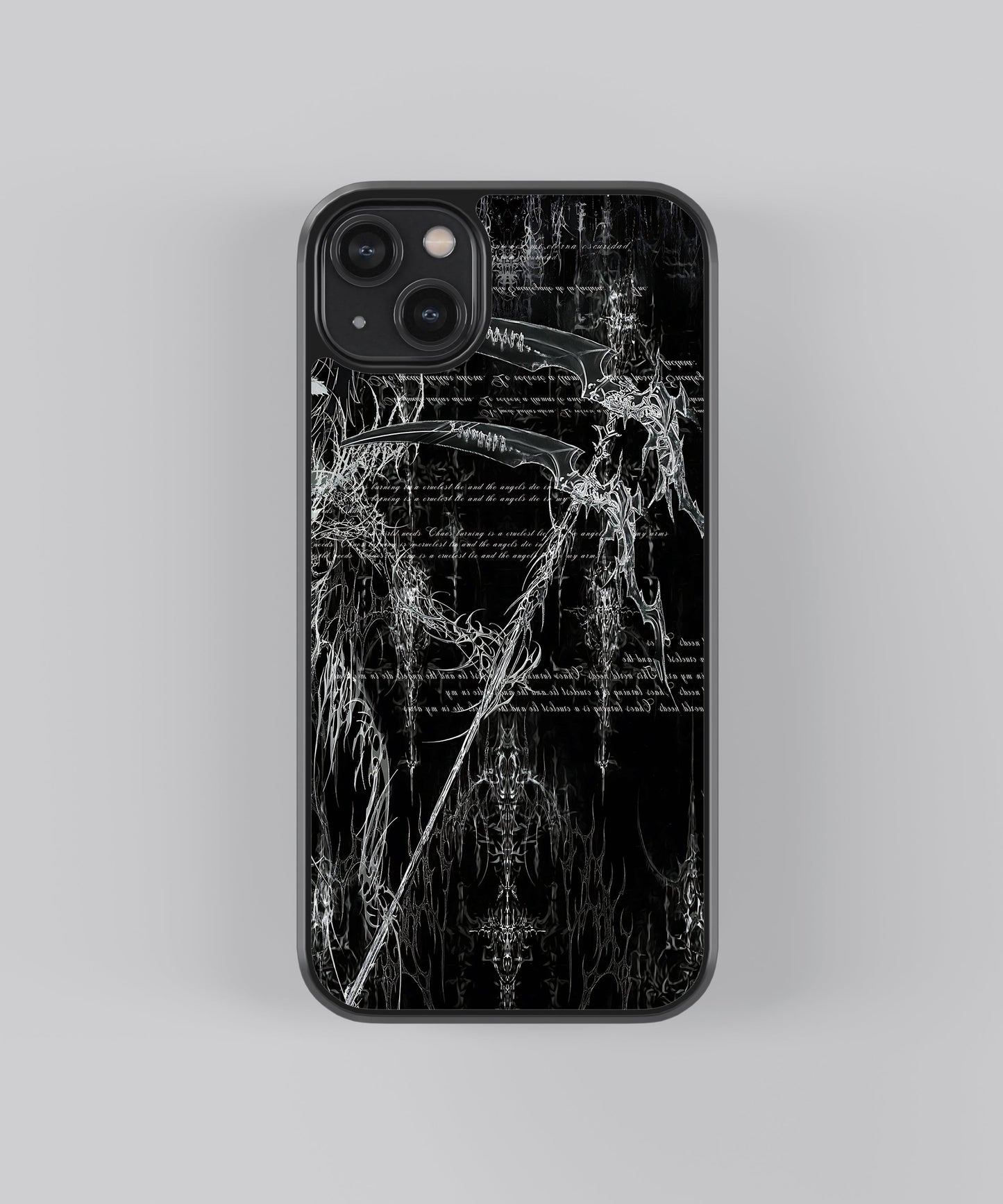 Glossy glass phone case featuring printed design artwork, shown with smooth reflective surface