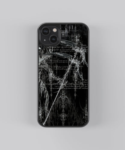 Glossy glass phone case featuring printed design artwork, shown with smooth reflective surface