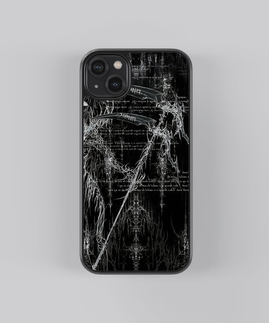 Glossy glass phone case featuring printed design artwork, shown with smooth reflective surface