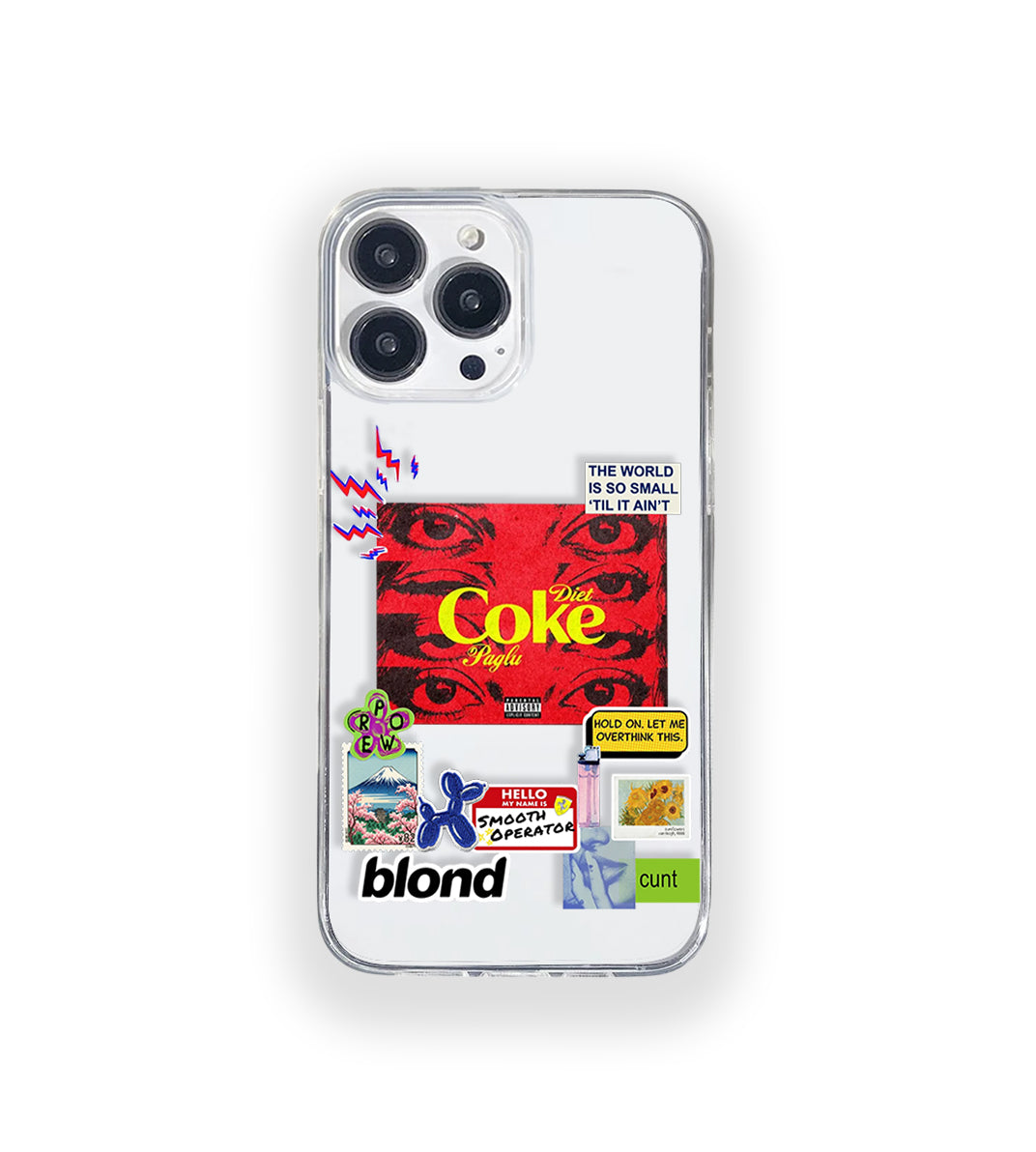 Clear silicone phone case featuring minimalist printed artwork, shown in lightweight transparent finish