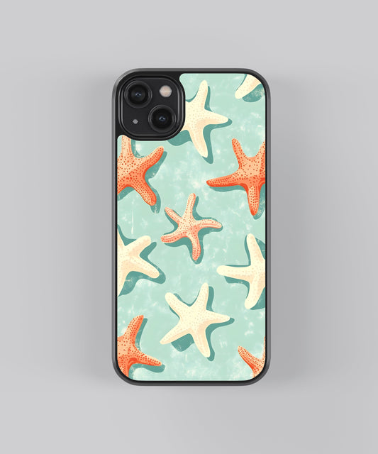 Glossy glass phone case featuring printed design artwork, shown with smooth reflective surface