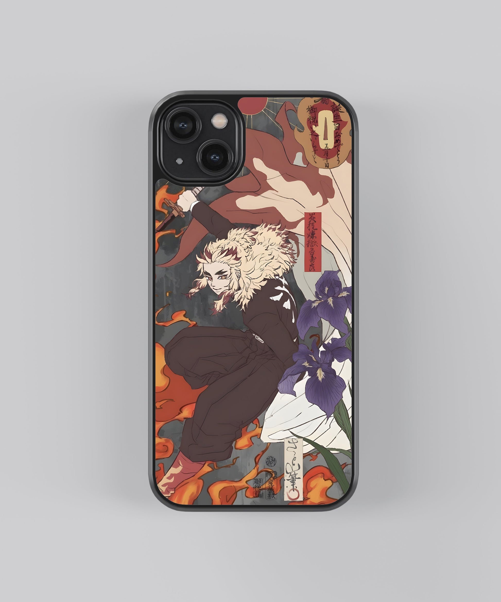 Glossy glass phone case featuring printed design artwork, shown with smooth reflective surface