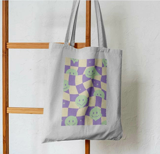 Y2K Checkered Smiley Tote Bag - Aesthetic Tote Bags - Habit Tote