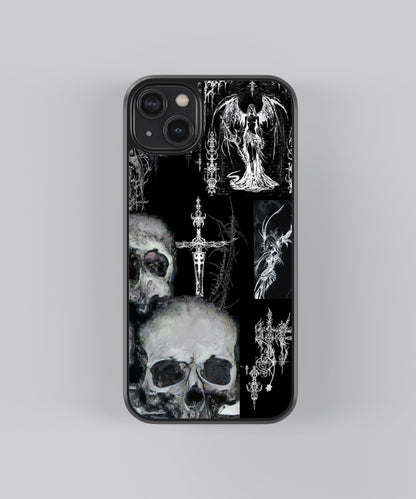 Glossy glass phone case featuring printed design artwork, shown with smooth reflective surface