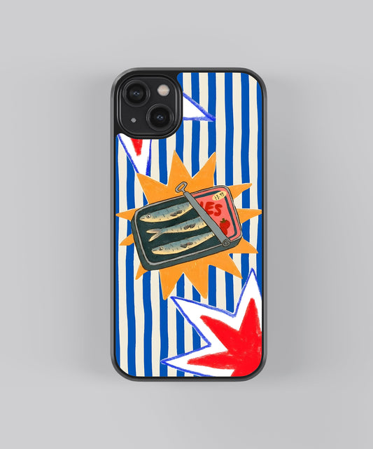 Glossy glass phone case featuring printed design artwork, shown with smooth reflective surface
