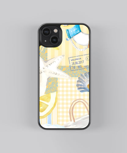Glossy glass phone case featuring printed design artwork, shown with smooth reflective surface