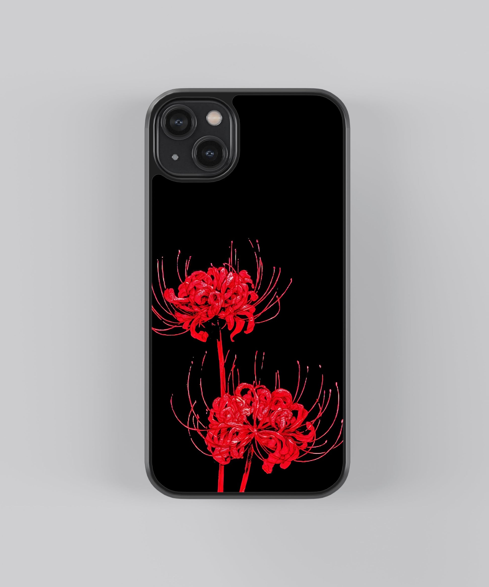 Glossy glass phone case featuring printed design artwork, shown with smooth reflective surface