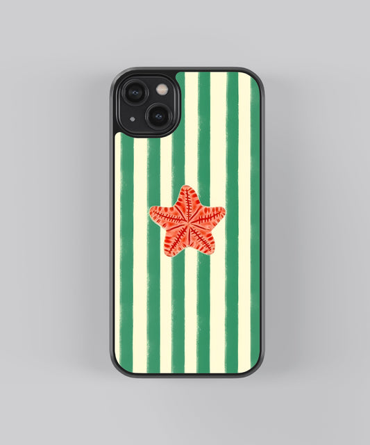 Glossy glass phone case featuring printed design artwork, shown with smooth reflective surface