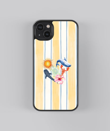 Glossy glass phone case featuring printed design artwork, shown with smooth reflective surface