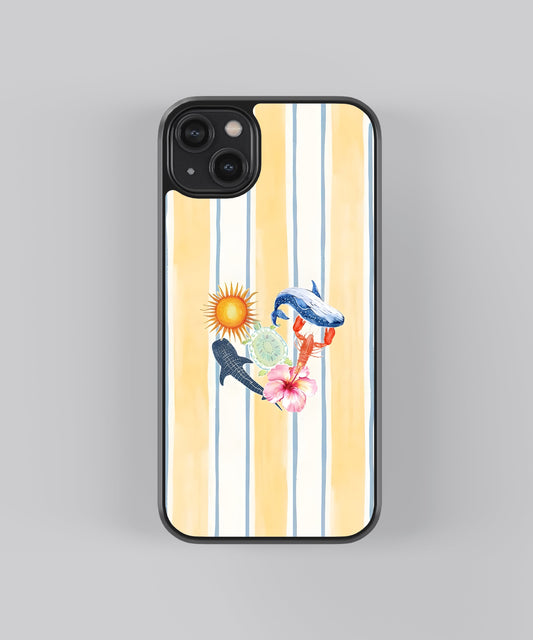 Glossy glass phone case featuring printed design artwork, shown with smooth reflective surface