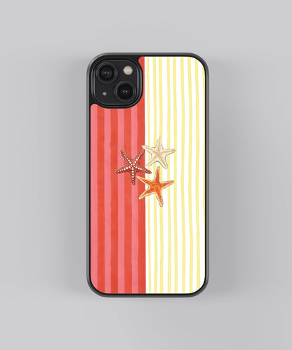 Glossy glass phone case featuring printed design artwork, shown with smooth reflective surface